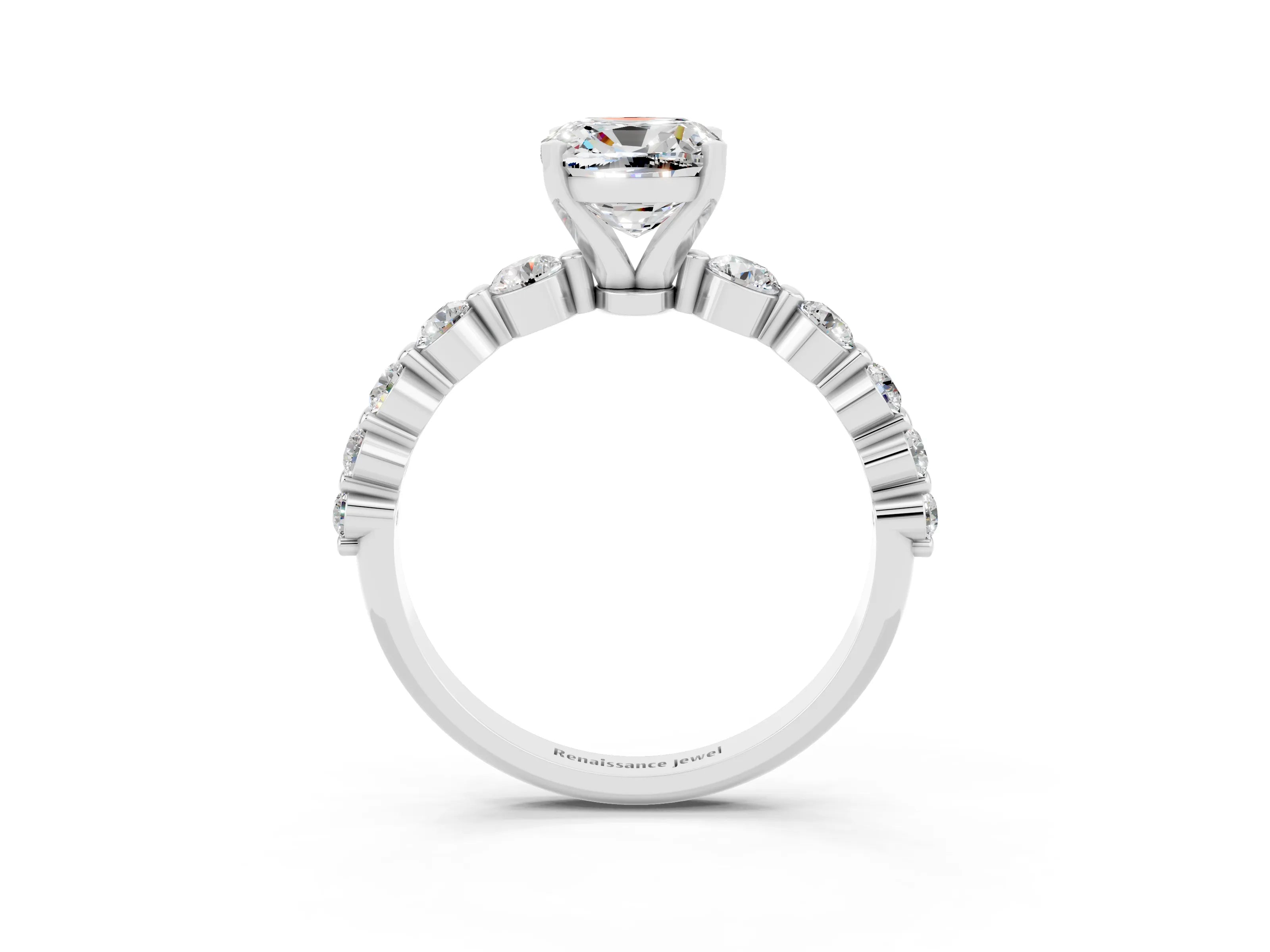 White gold Cushion Cut Solitaire Moissanite Ring with Pave Band and Four-Prong Setting_3
