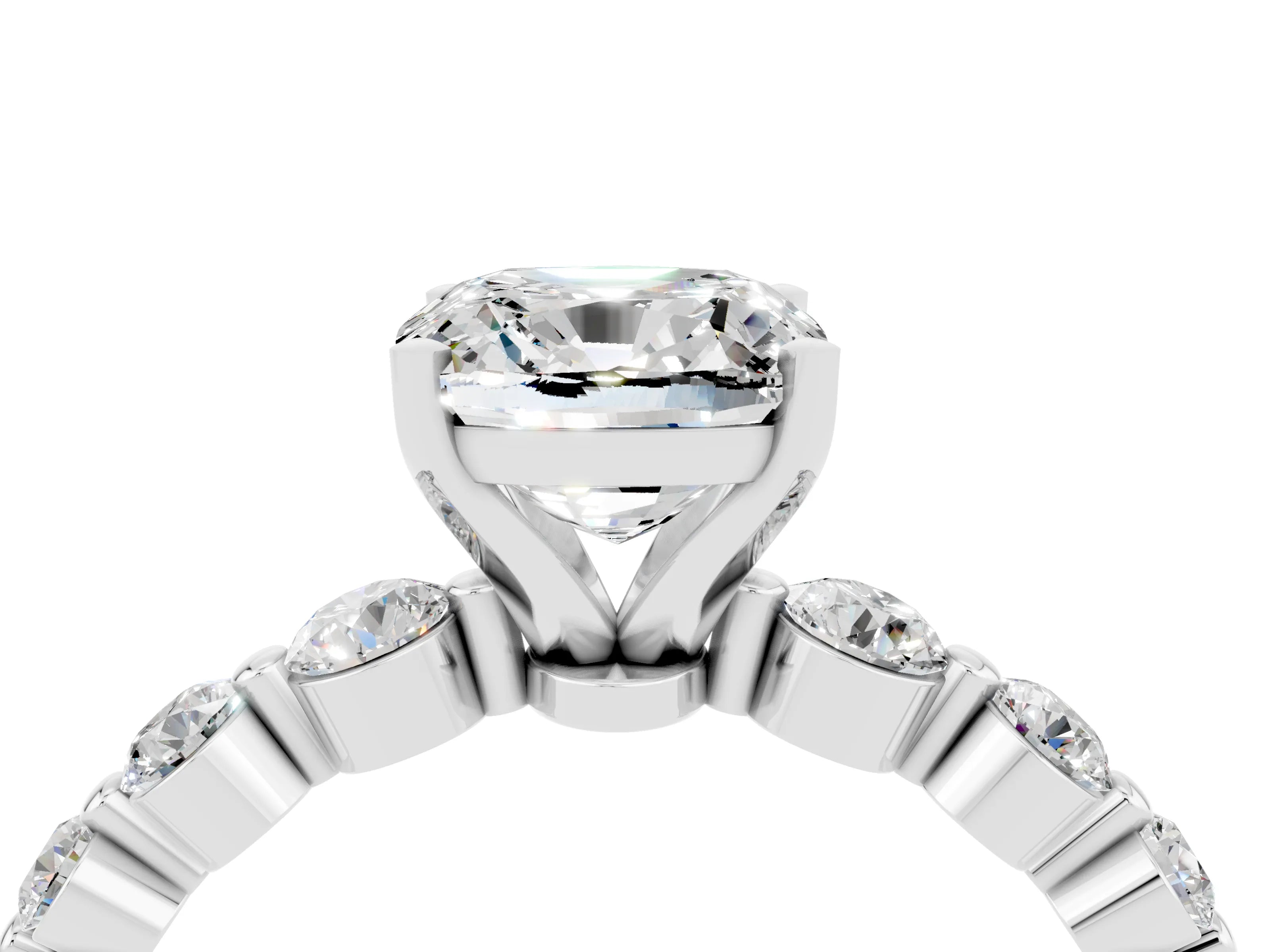 White gold Cushion Cut Solitaire Moissanite Ring with Pave Band and Four-Prong Setting_4