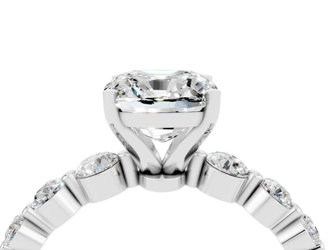 White gold Cushion Cut Solitaire Moissanite Ring with Pave Band and Four-Prong Setting_4