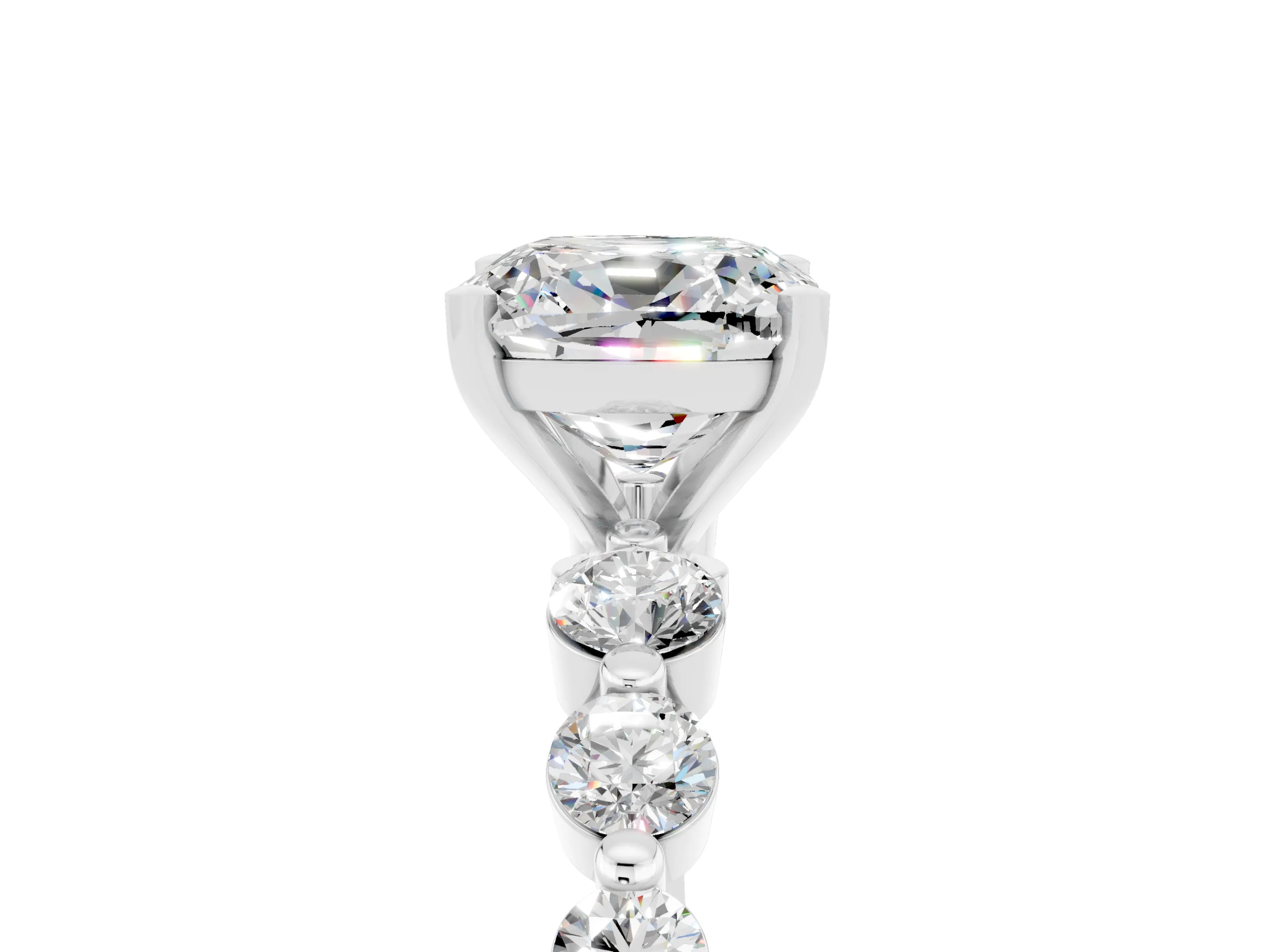 White gold Cushion Cut Solitaire Moissanite Ring with Pave Band and Four-Prong Setting_5