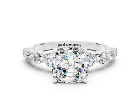 White gold Cushion Cut Solitaire Moissanite Ring with Pave Band and Four-Prong Setting