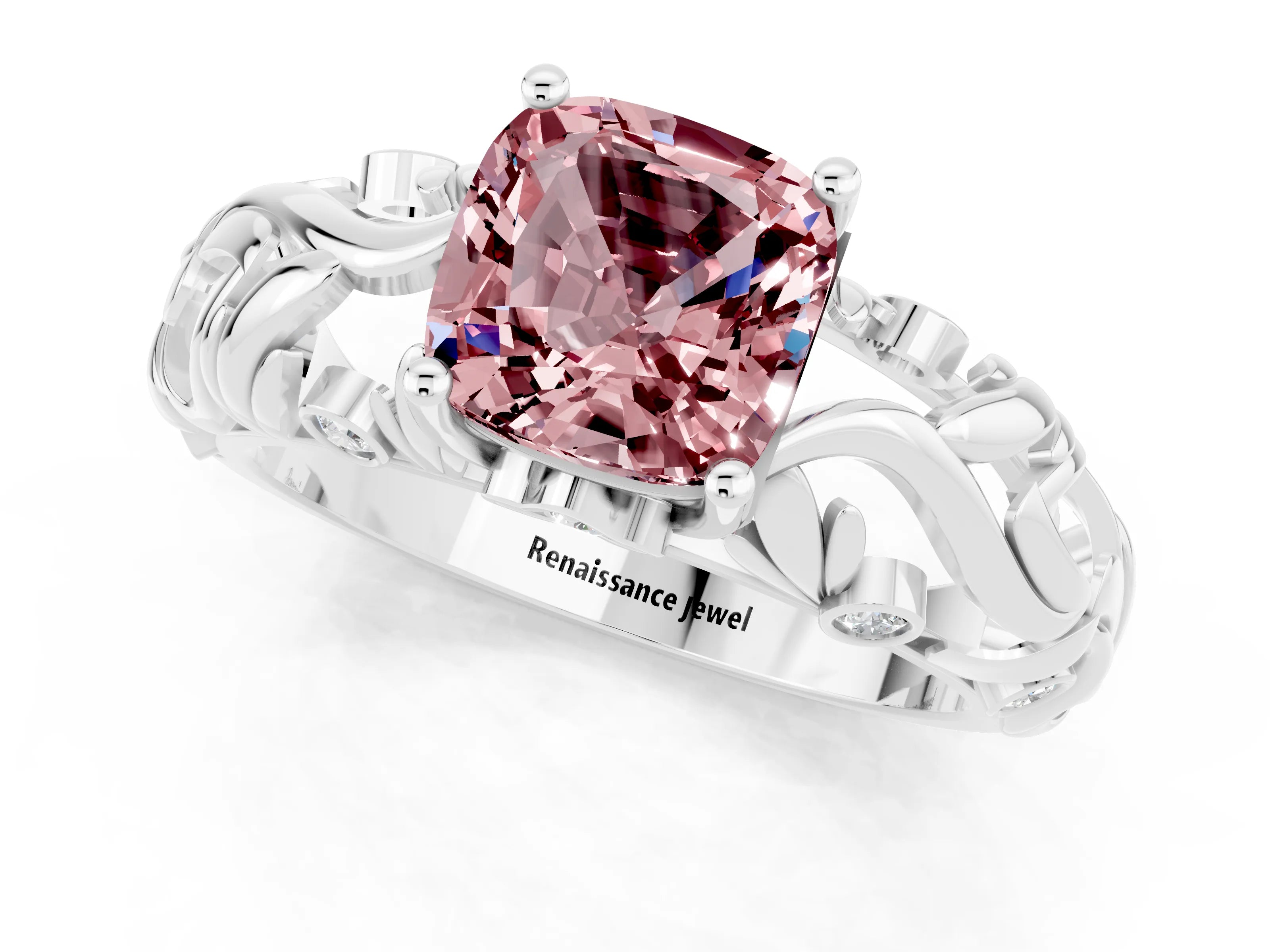 White gold Cushion Cut Solitaire Morganite Leaf-Inspired Vine Band Ring with Prong Setting_1