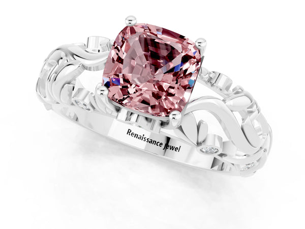 Platinum Cushion Cut Solitaire Morganite Leaf-Inspired Vine Band Ring with Prong Setting