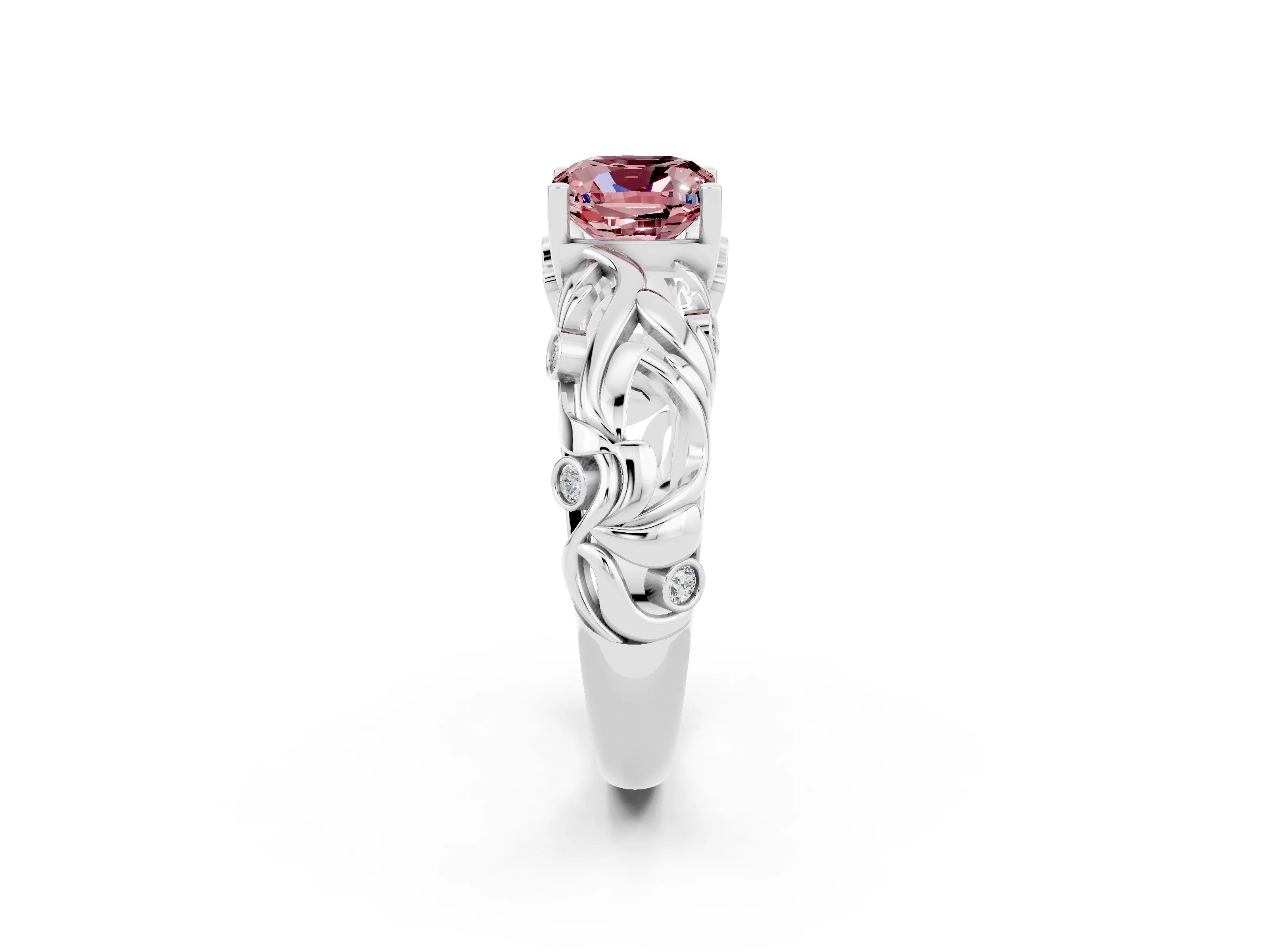 White gold Cushion Cut Solitaire Morganite Leaf-Inspired Vine Band Ring with Prong Setting_2