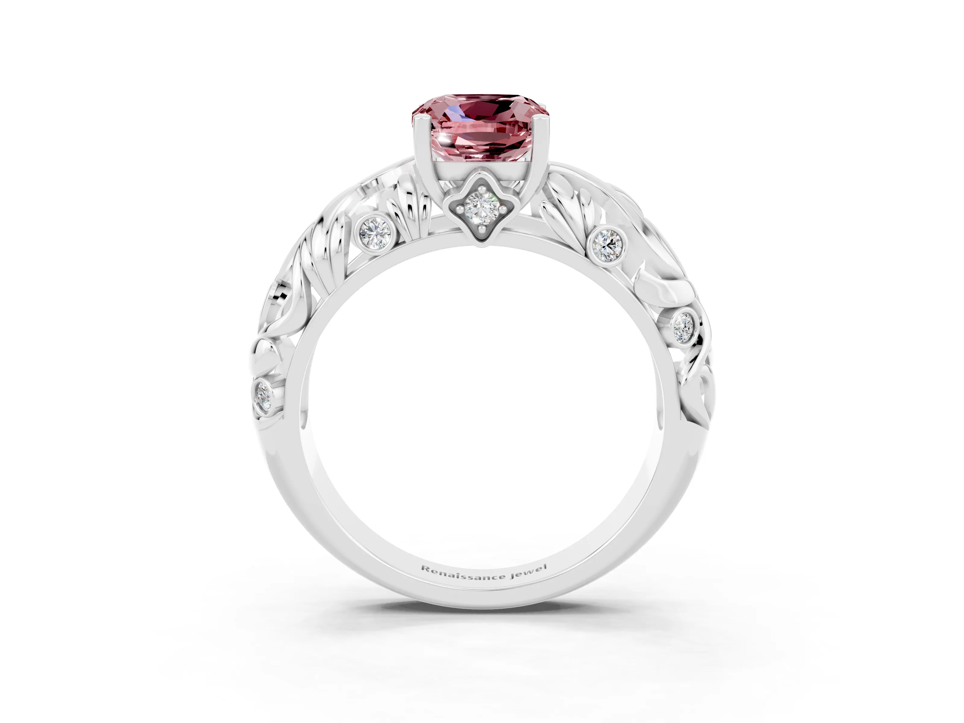 White gold Cushion Cut Solitaire Morganite Leaf-Inspired Vine Band Ring with Prong Setting_3