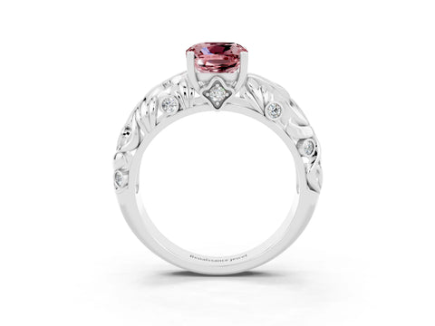 White gold Cushion Cut Solitaire Morganite Leaf-Inspired Vine Band Ring with Prong Setting_3