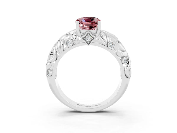 White gold Cushion Cut Solitaire Morganite Leaf-Inspired Vine Band Ring with Prong Setting
