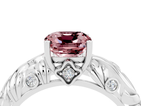 White gold Cushion Cut Solitaire Morganite Leaf-Inspired Vine Band Ring with Prong Setting_4