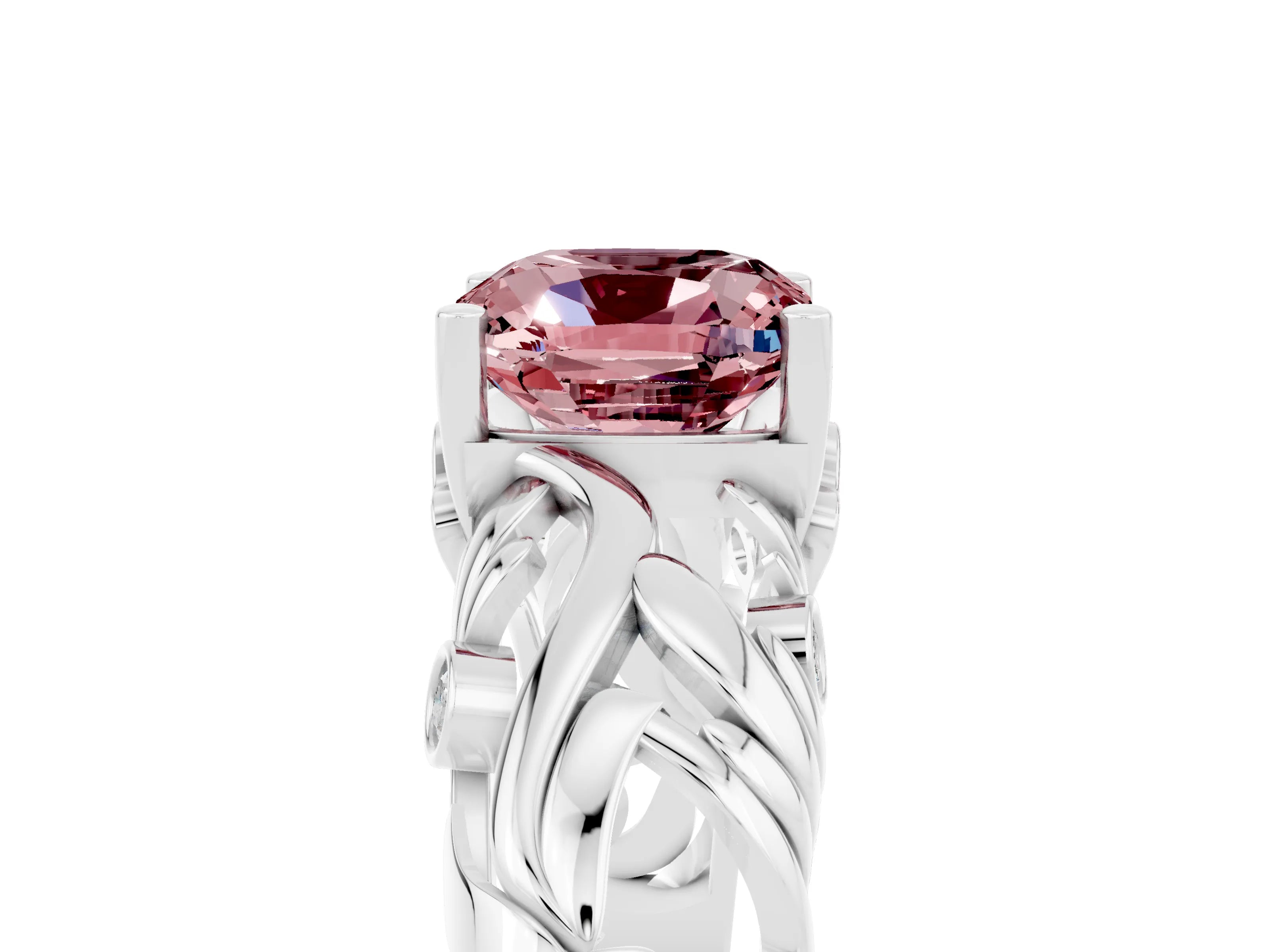 White gold Cushion Cut Solitaire Morganite Leaf-Inspired Vine Band Ring with Prong Setting_5