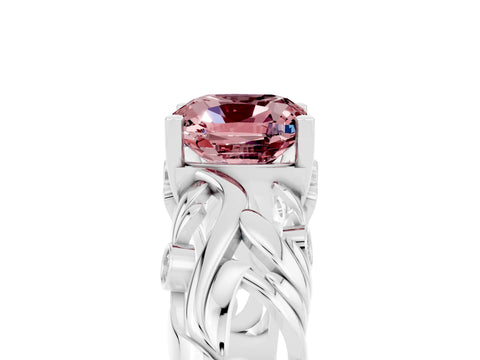 White gold Cushion Cut Solitaire Morganite Leaf-Inspired Vine Band Ring with Prong Setting_5
