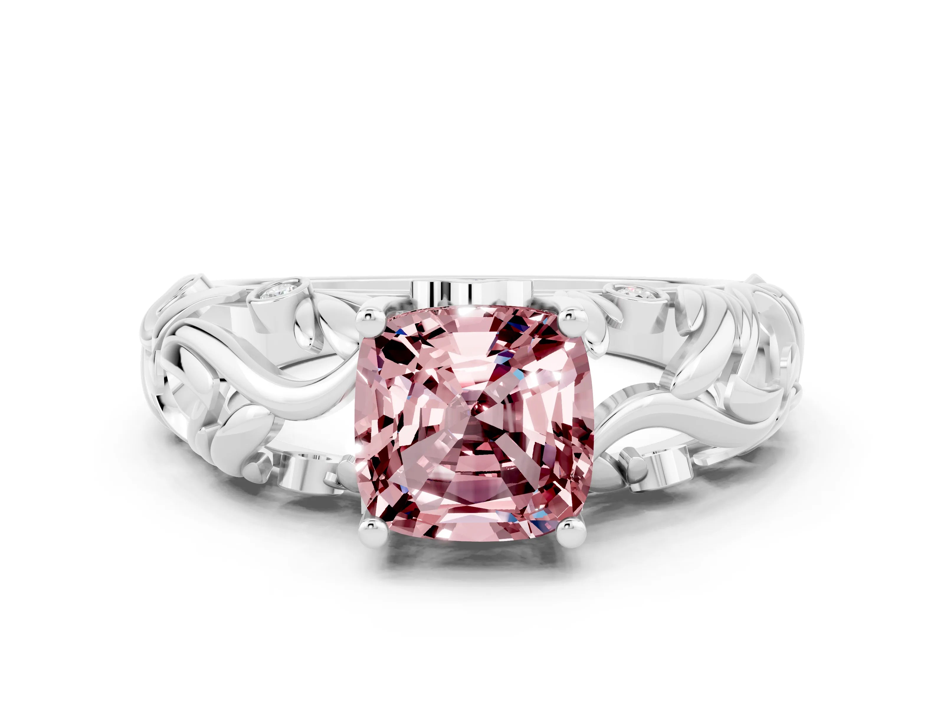 White gold Cushion Cut Solitaire Morganite Leaf-Inspired Vine Band Ring with Prong Setting