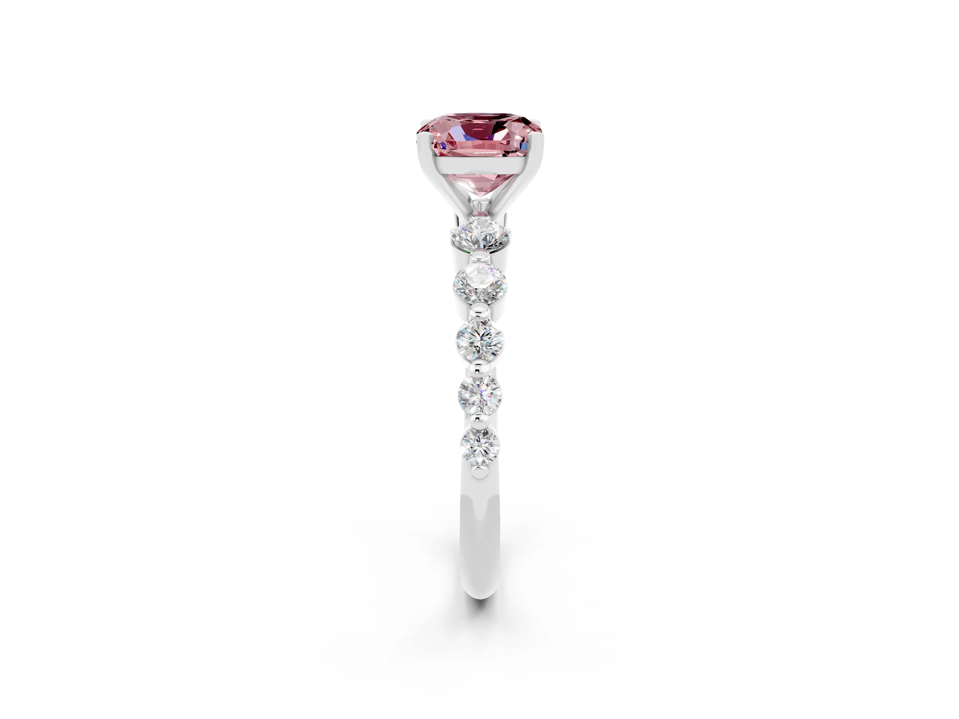 White gold Cushion Cut Solitaire Morganite Ring with Pave Band and Four-Prong Setting_2