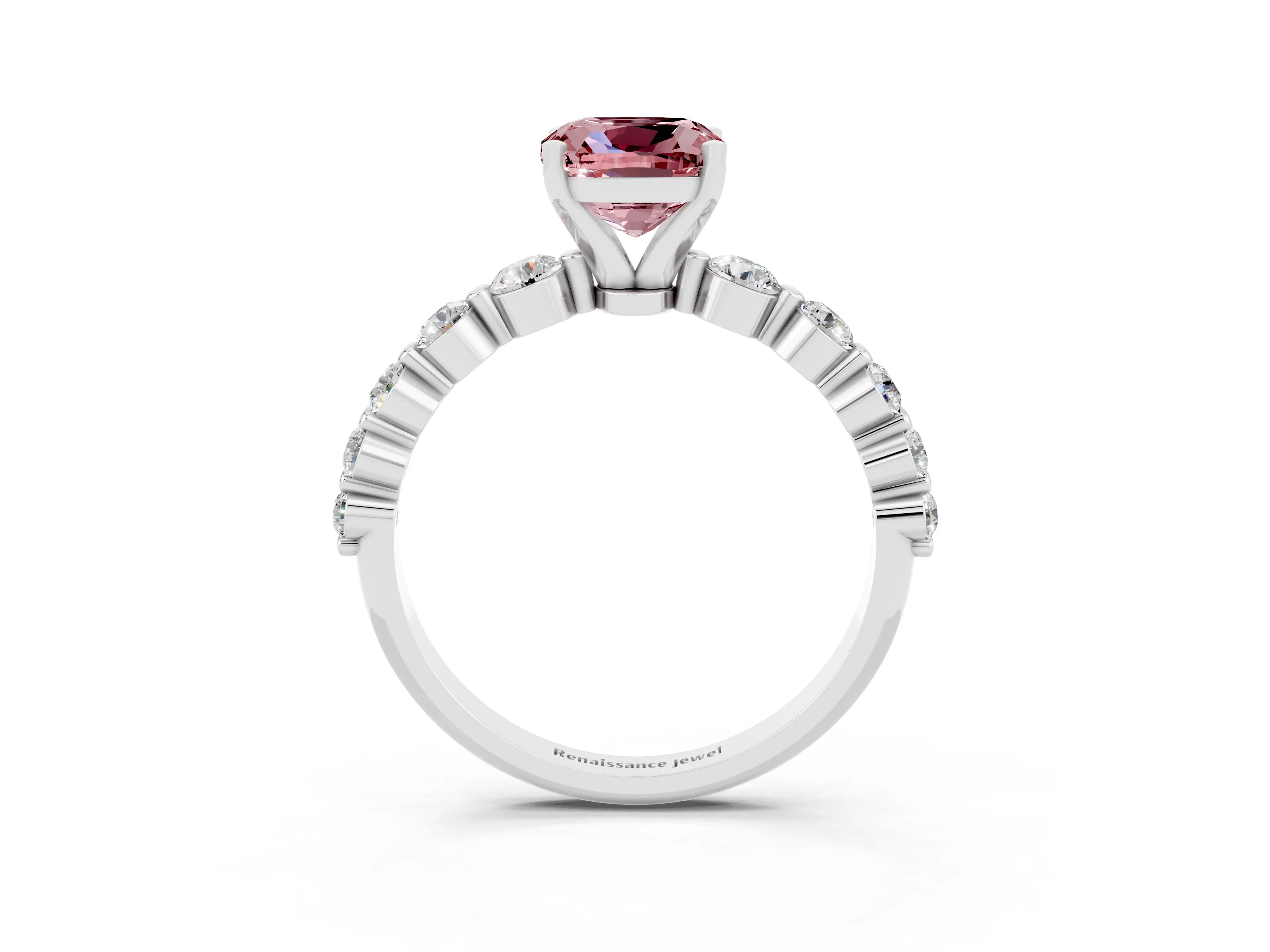 White gold Cushion Cut Solitaire Morganite Ring with Pave Band and Four-Prong Setting_3