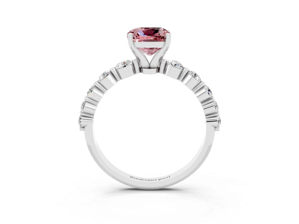 Silver Cushion Cut Solitaire Morganite Ring with Pave Band and Four-Prong Setting