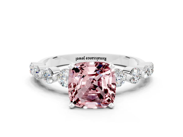 Silver Cushion Cut Solitaire Morganite Ring with Pave Band and Four-Prong Setting