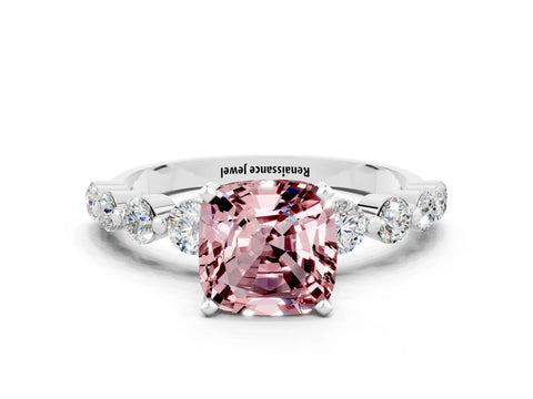 White gold Cushion Cut Solitaire Morganite Ring with Pave Band and Four-Prong Setting
