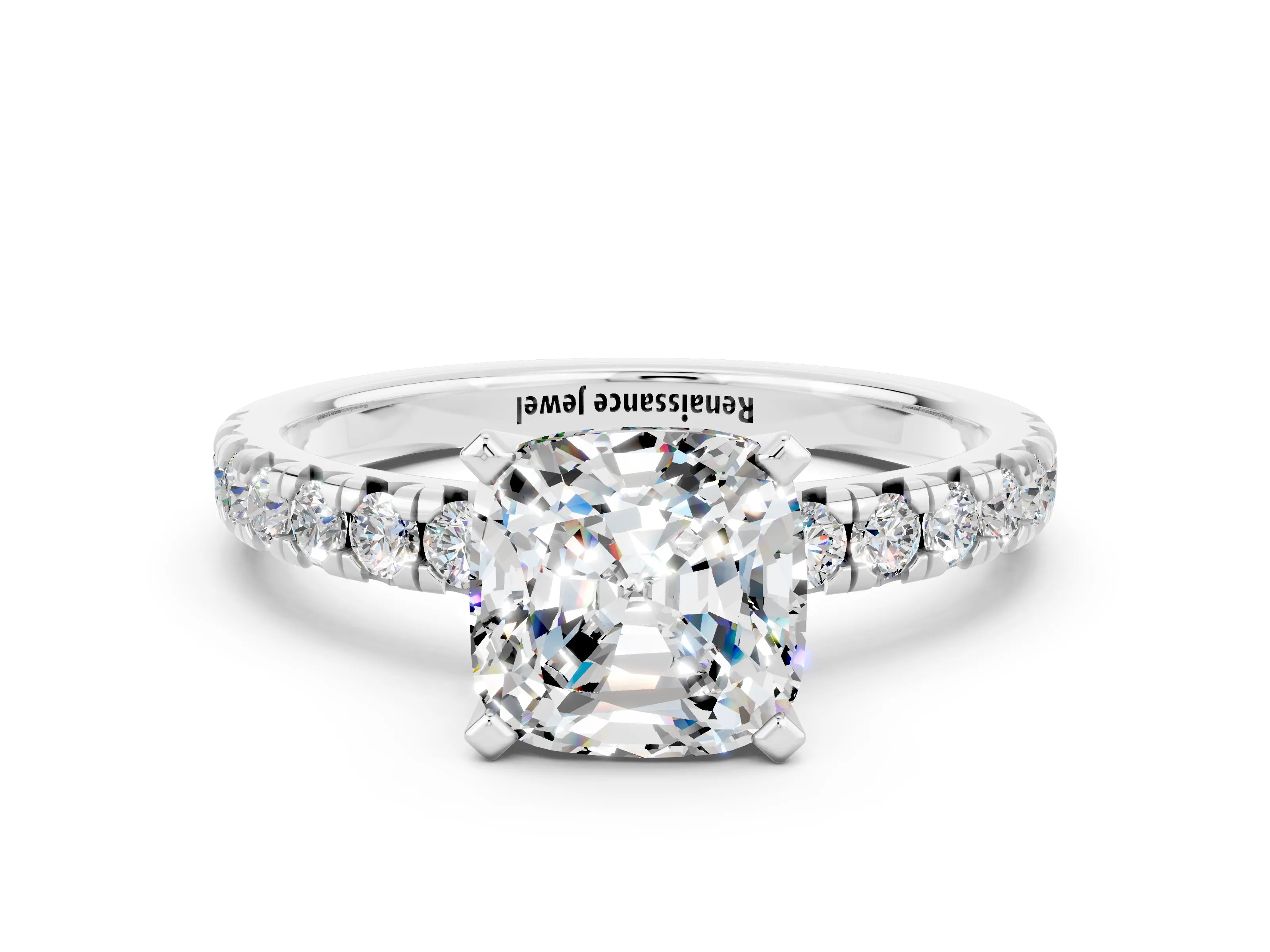 White gold Cushion Cut Solitaire Pave Diamond Engagement Ring with Four-Prong Setting