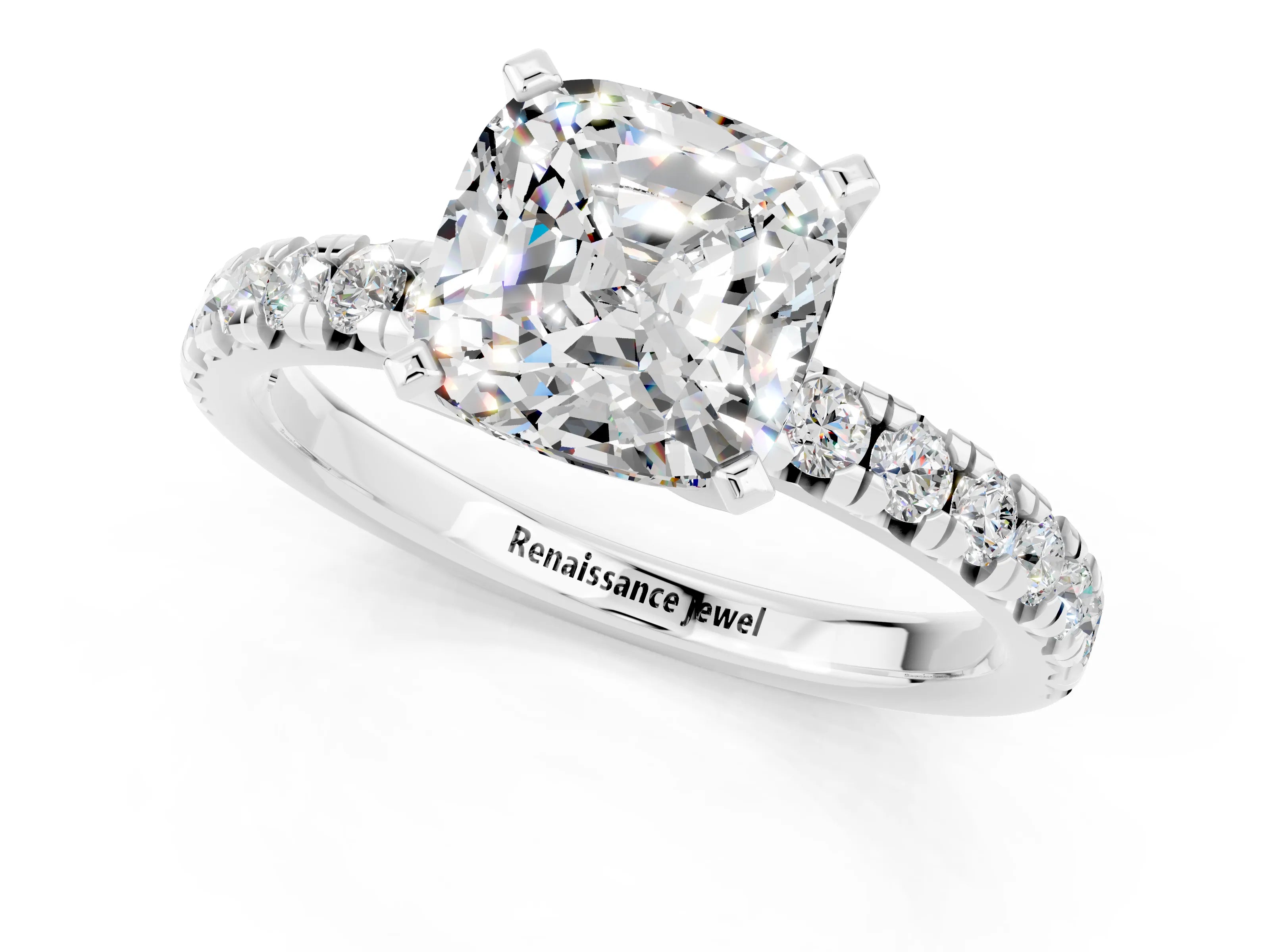 White gold Cushion Cut Solitaire Pave Diamond Engagement Ring with Four-Prong Setting_1
