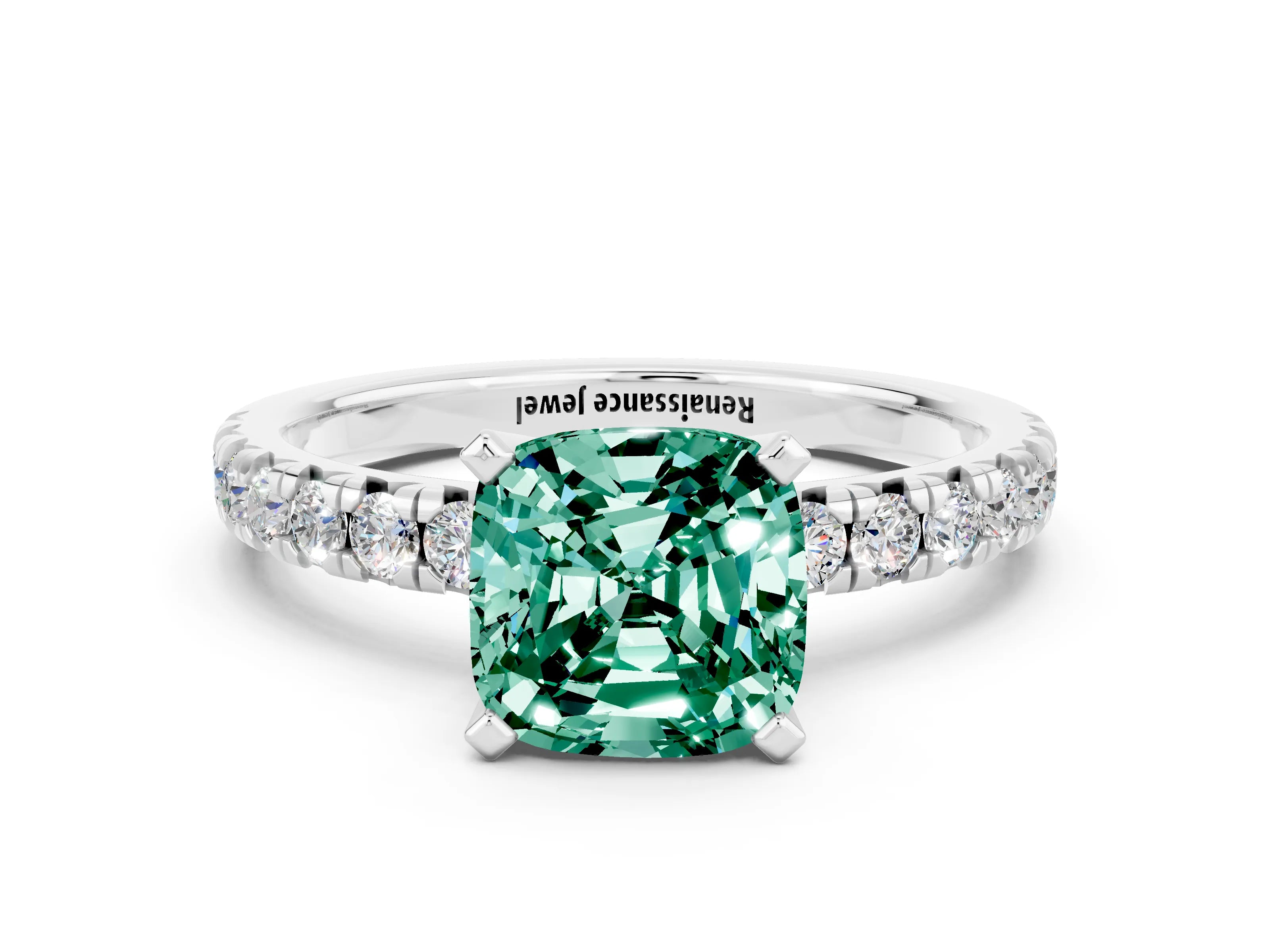 White gold Cushion Cut Solitaire Pave Diamond Engagement Ring with Four-Prong Setting_12