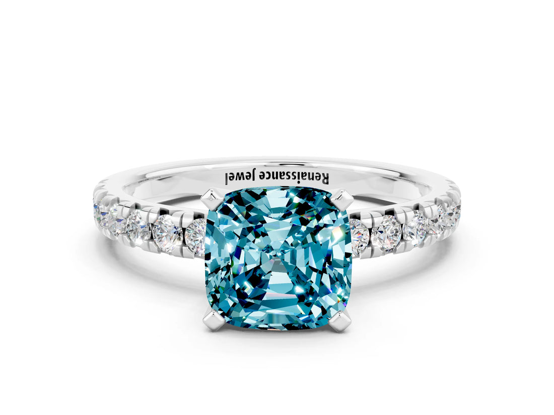 White gold Cushion Cut Solitaire Pave Diamond Engagement Ring with Four-Prong Setting_12