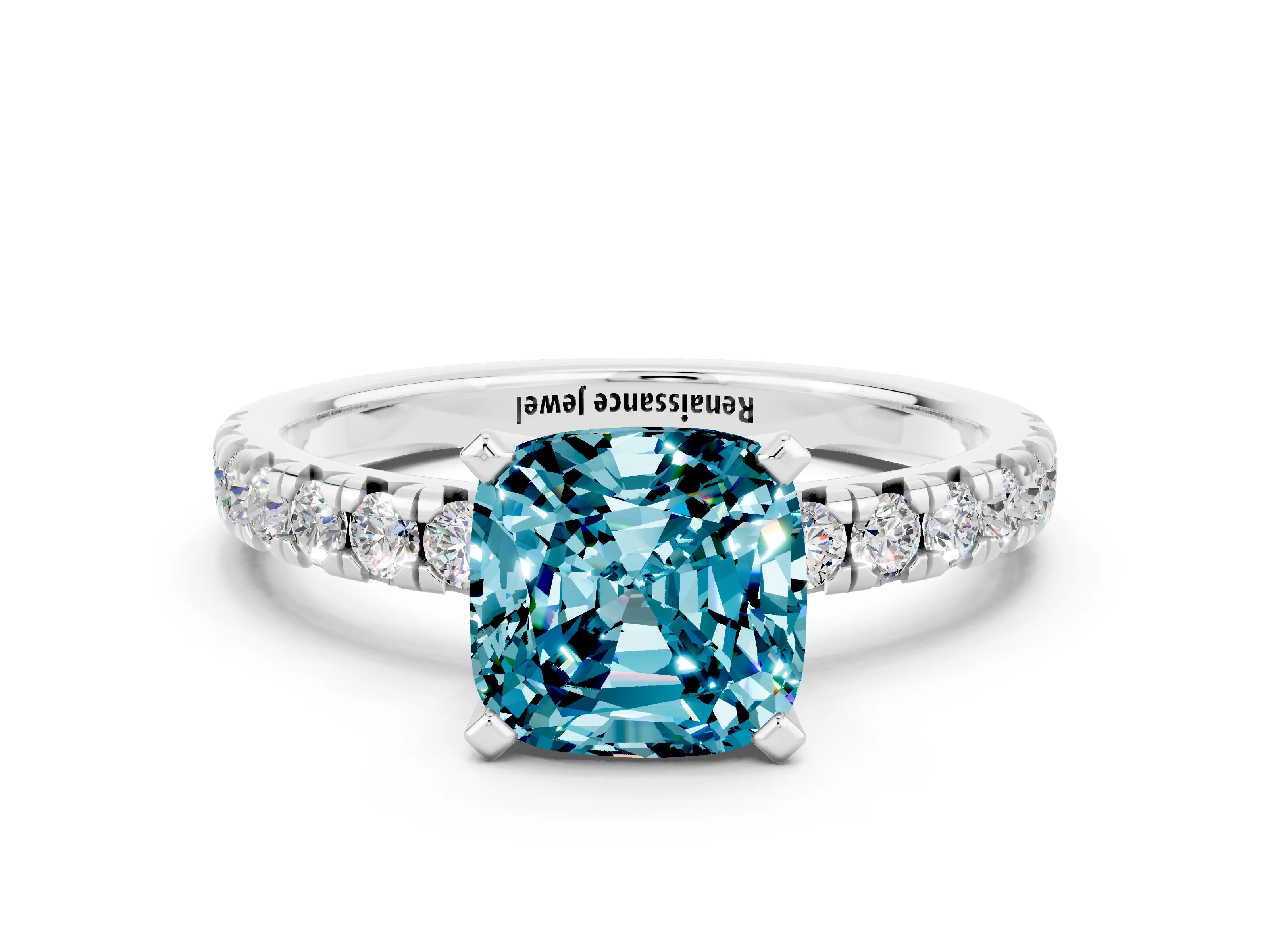 White gold Cushion Cut Solitaire Pave Diamond Engagement Ring with Four-Prong Setting_12