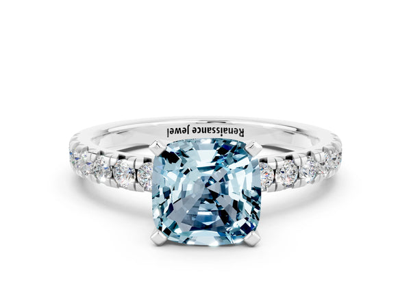 White gold Cushion Cut Aquamarine Solitaire Pavé Engagement Ring with Round Band and Prong Setting