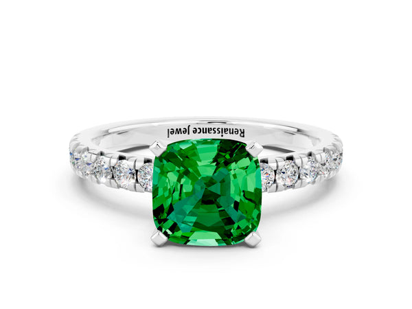 Platinum Cushion Cut Emerald Solitaire Pavé Engagement Ring with Round Band and Prong Setting