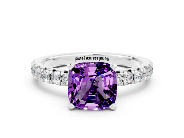 Platinum Cushion Cut Amethyst Solitaire Pavé Engagement Ring with Round Band and Prong Setting