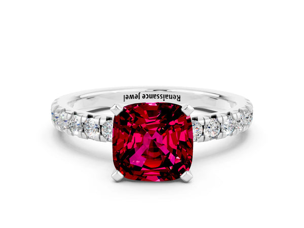 Platinum Cushion Cut Garnet Solitaire Pavé Engagement Ring with Round Band and Prong Setting
