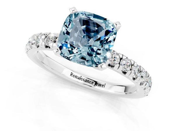 Silver Cushion Cut Aquamarine Solitaire Pavé Engagement Ring with Round Band and Prong Setting