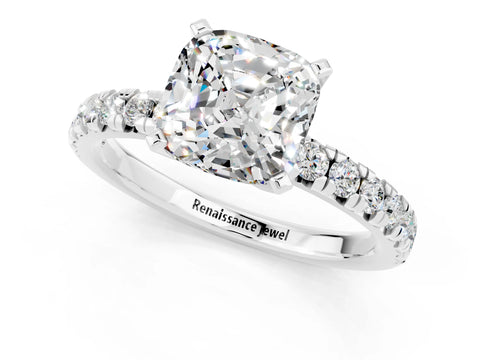 White gold Cushion Cut Solitaire Pave Diamond Engagement Ring with Four-Prong Setting_1