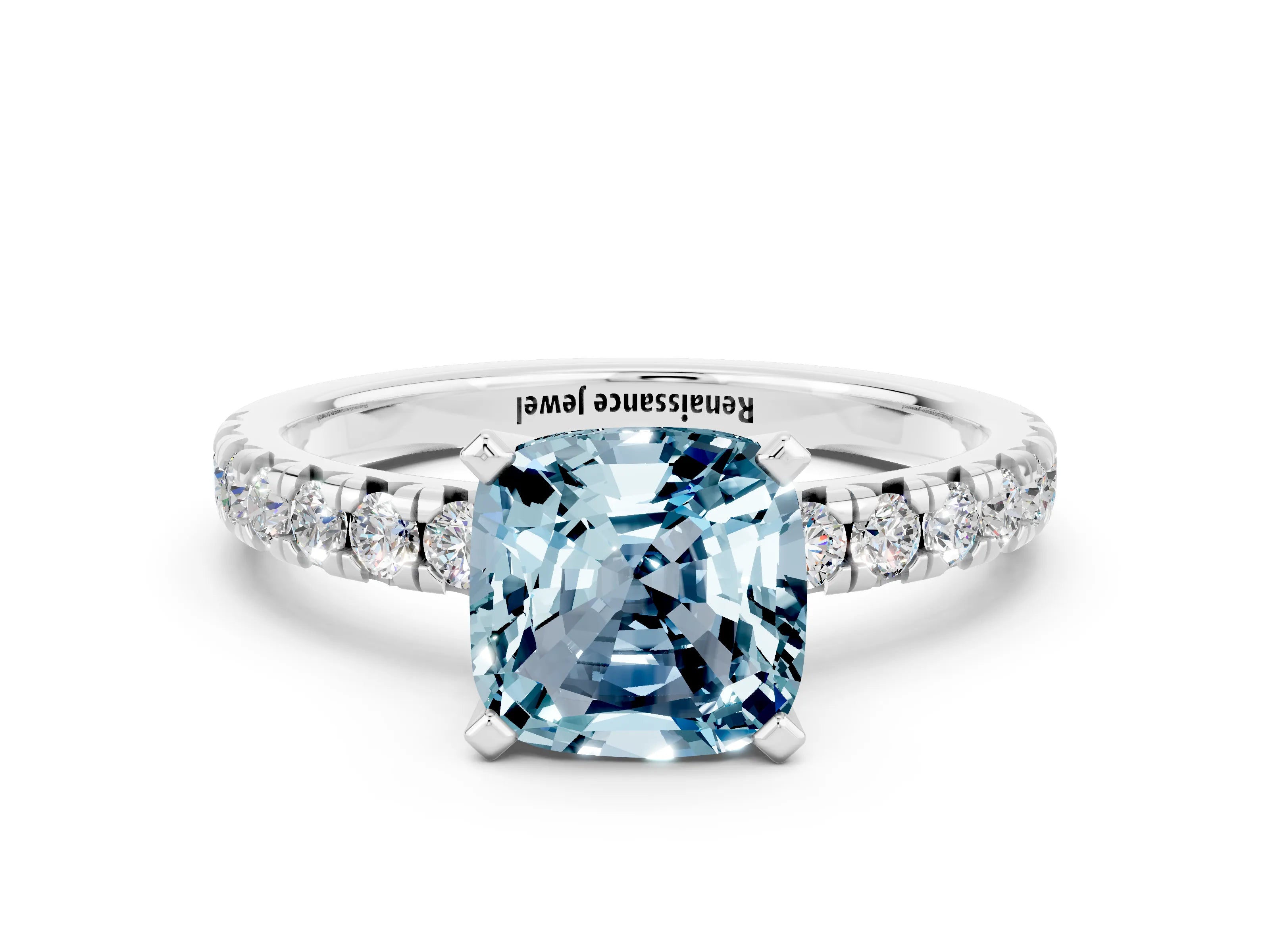White gold Cushion Cut Solitaire Pave Diamond Engagement Ring with Four-Prong Setting
