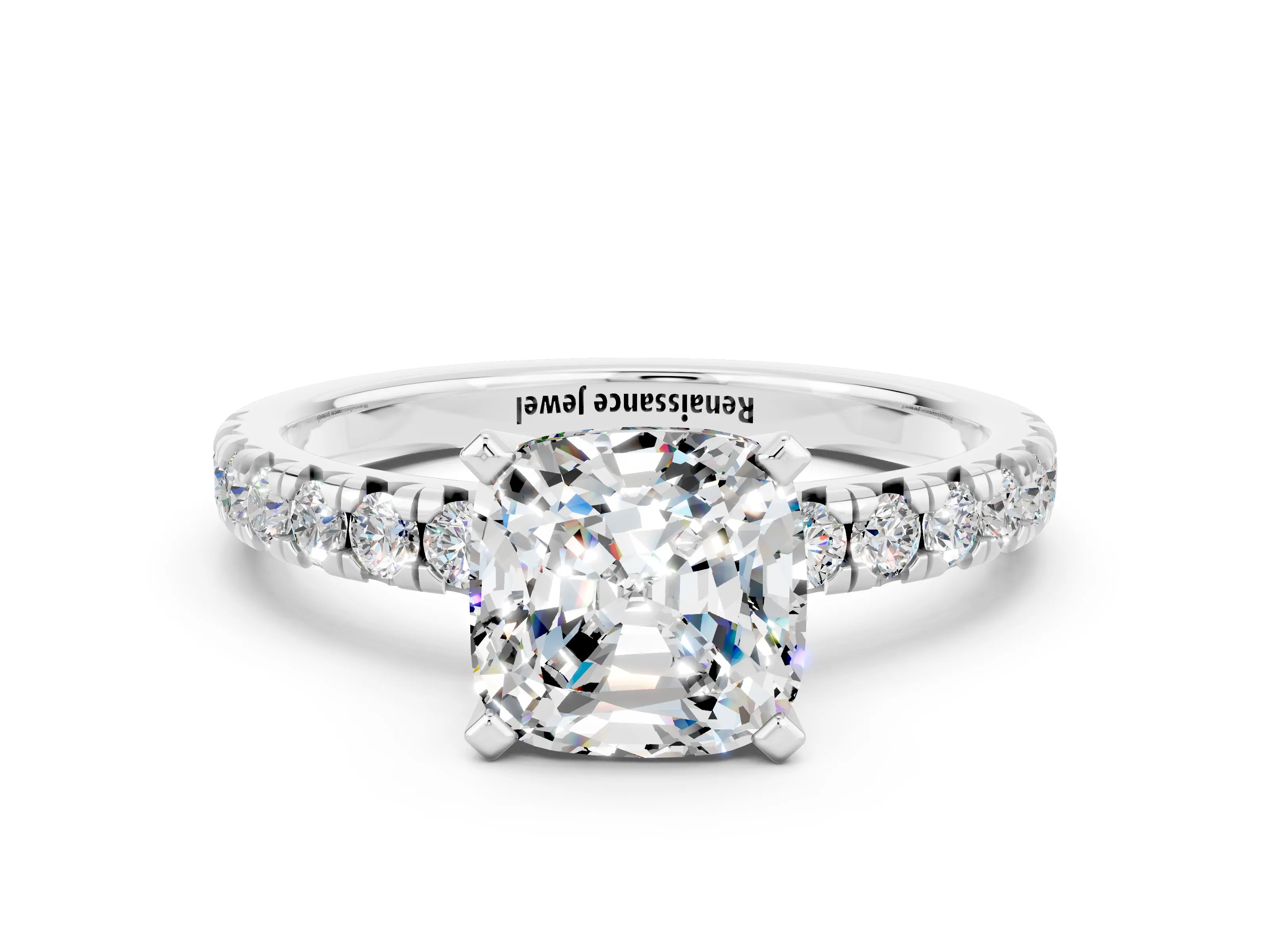 White gold Cushion Cut Solitaire Pave Diamond Engagement Ring with Four-Prong Setting_24