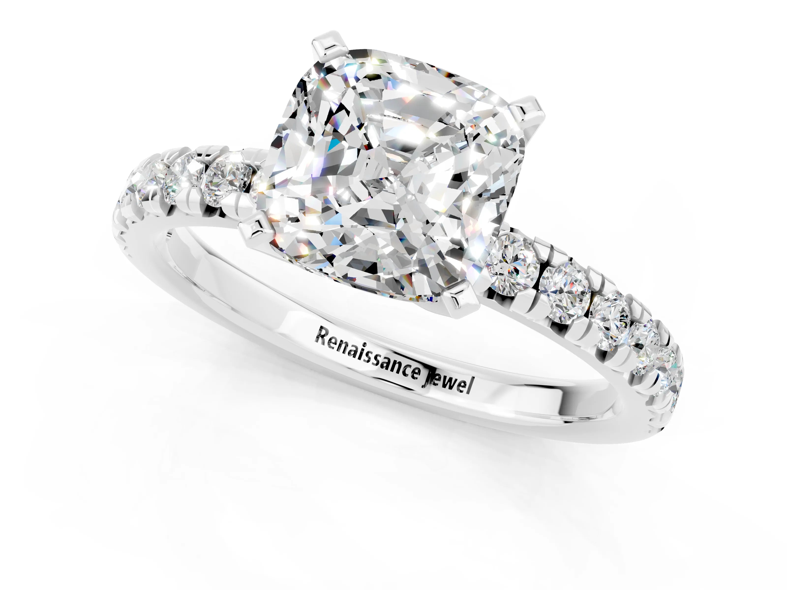 White gold Cushion Cut Solitaire Pave Diamond Engagement Ring with Four-Prong Setting_25