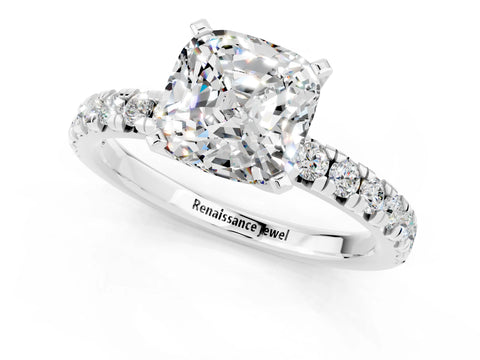 White gold Cushion Cut Solitaire Pave Diamond Engagement Ring with Four-Prong Setting_25