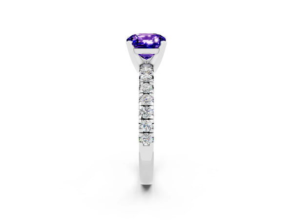 Platinum Cushion Cut Solitaire Pave Diamond Engagement Ring with Four-Prong Setting