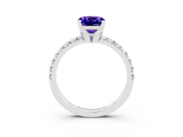 Platinum Cushion Cut Solitaire Pave Diamond Engagement Ring with Four-Prong Setting