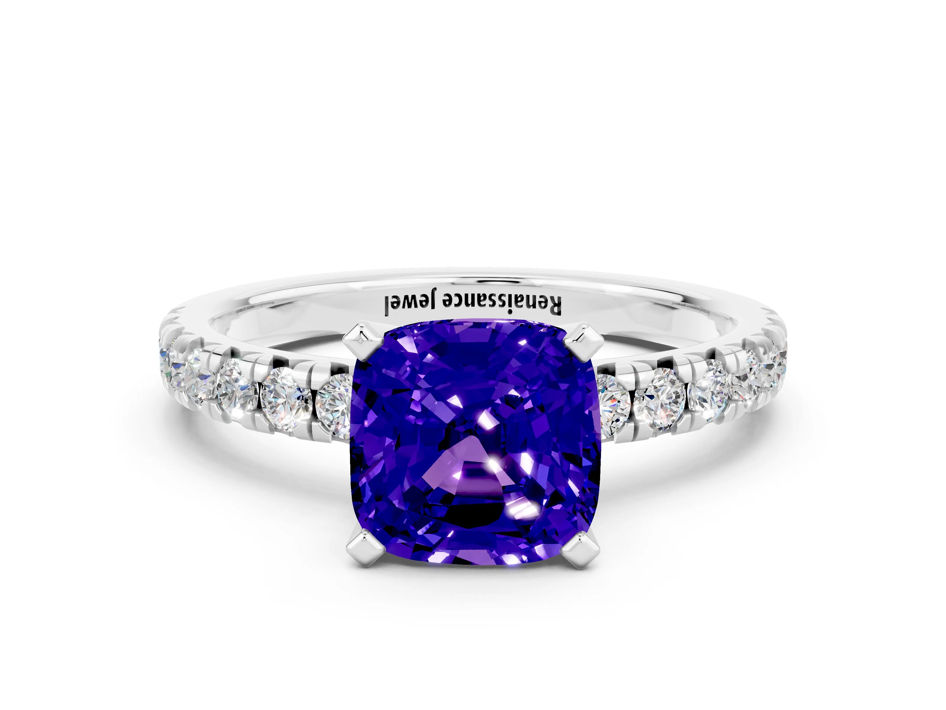 White gold Cushion Cut Solitaire Pave Diamond Engagement Ring with Four-Prong Setting
