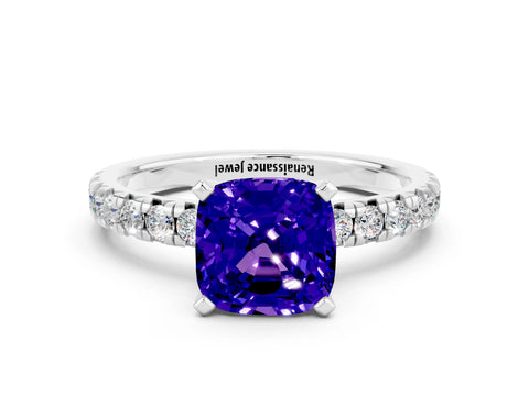 White gold Cushion Cut Solitaire Pave Diamond Engagement Ring with Four-Prong Setting