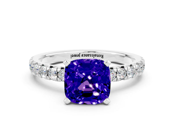 Silver Cushion Cut Solitaire Pave Diamond Engagement Ring with Four-Prong Setting