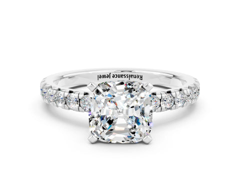 White gold Cushion Cut Solitaire Pave Diamond Engagement Ring with Four-Prong Setting