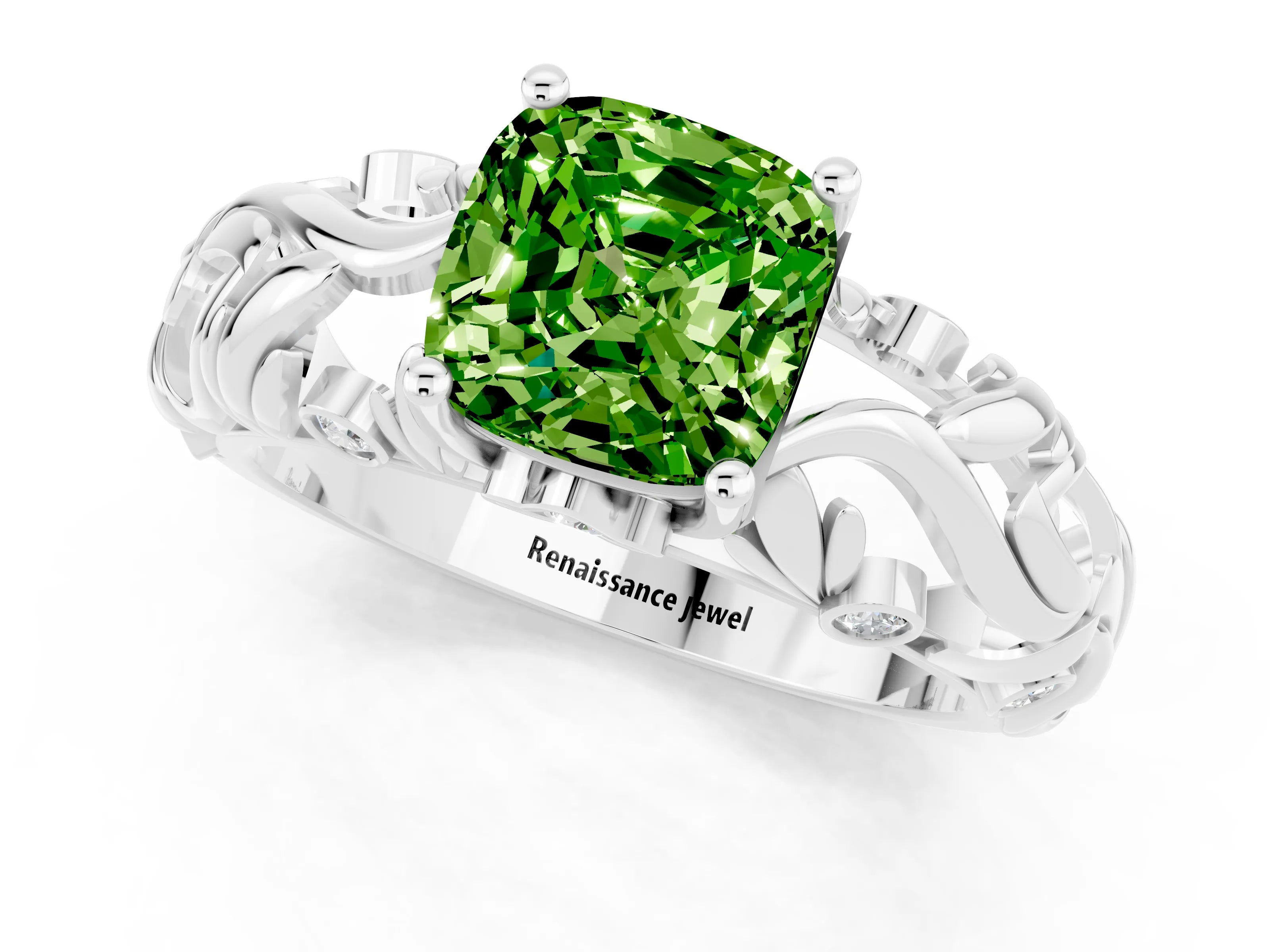 White gold Cushion Cut Solitaire Peridot Leaf-Inspired Vine Band Ring with Prong Setting_1