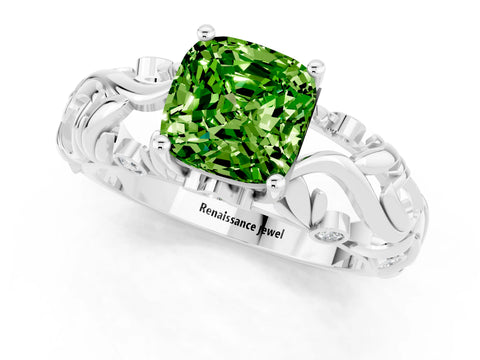 White gold Cushion Cut Solitaire Peridot Leaf-Inspired Vine Band Ring with Prong Setting_1