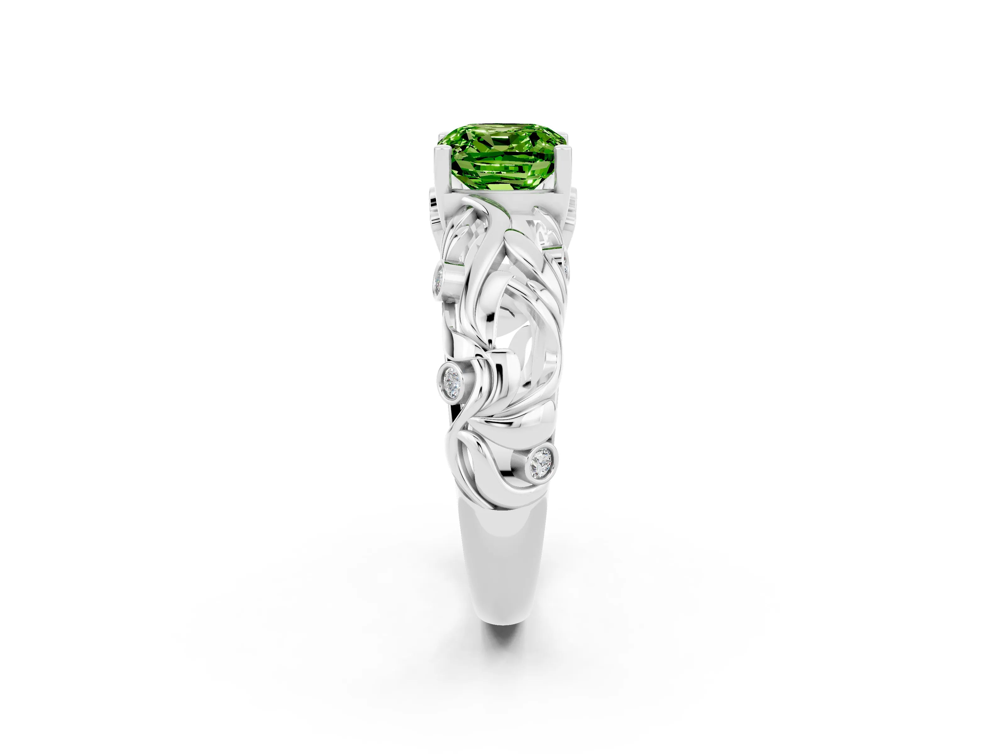 White gold Cushion Cut Solitaire Peridot Leaf-Inspired Vine Band Ring with Prong Setting_2