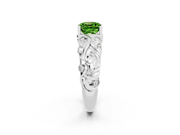 White gold Cushion Cut Solitaire Peridot Leaf-Inspired Vine Band Ring with Prong Setting
