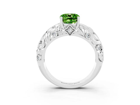 White gold Cushion Cut Solitaire Peridot Leaf-Inspired Vine Band Ring with Prong Setting_3
