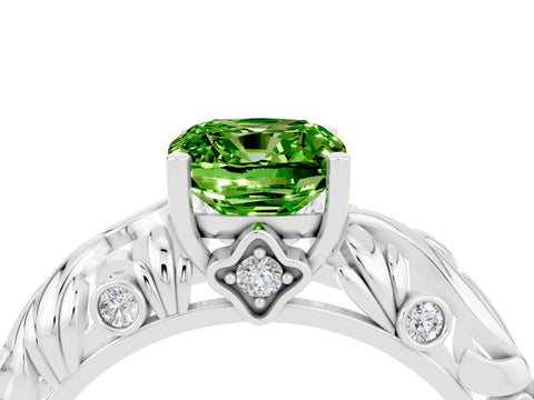 White gold Cushion Cut Solitaire Peridot Leaf-Inspired Vine Band Ring with Prong Setting_4