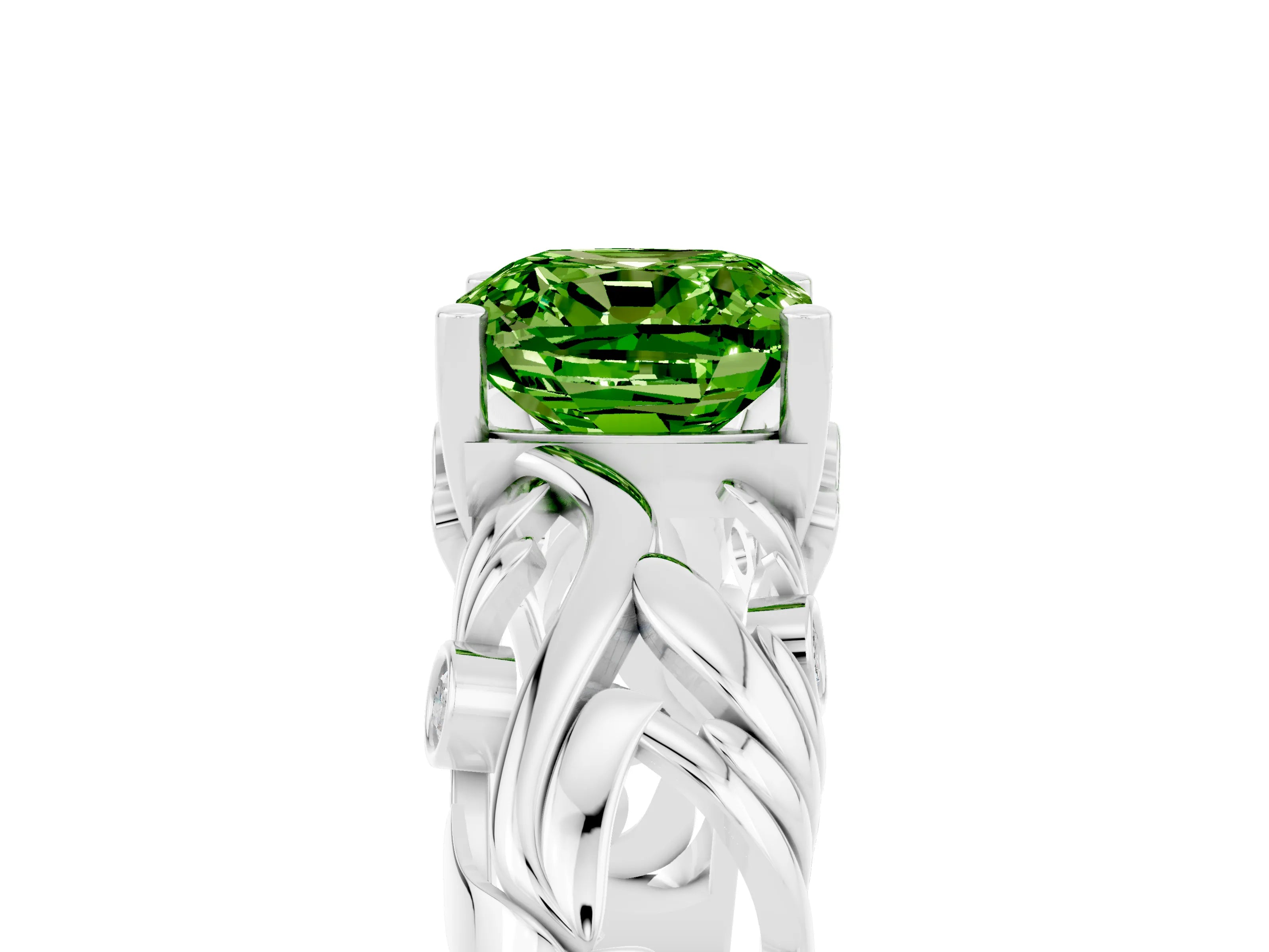 White gold Cushion Cut Solitaire Peridot Leaf-Inspired Vine Band Ring with Prong Setting_5