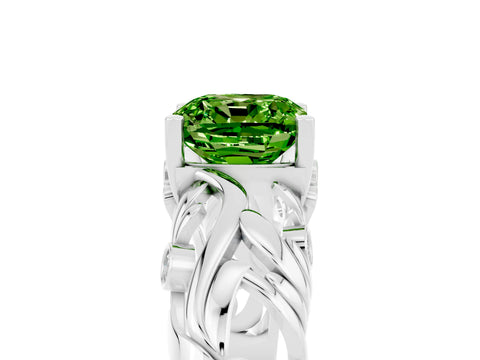 White gold Cushion Cut Solitaire Peridot Leaf-Inspired Vine Band Ring with Prong Setting_5