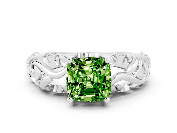 Silver Cushion Cut Solitaire Peridot Leaf-Inspired Vine Band Ring with Prong Setting